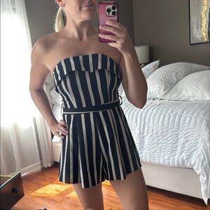 Black and Ivory Striped Strapless Romper